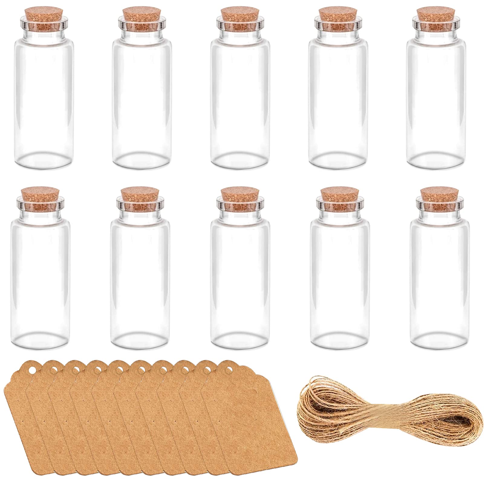 BEHAHAI 10pcs 20ml Mini Glass Bottles with Cork, Empty Spell Jars Small Glass Vials Mini Wedding Favour Bottles with Label Tags&String Wish Bottle for Arts Crafts Projects Decoration, Party Favors