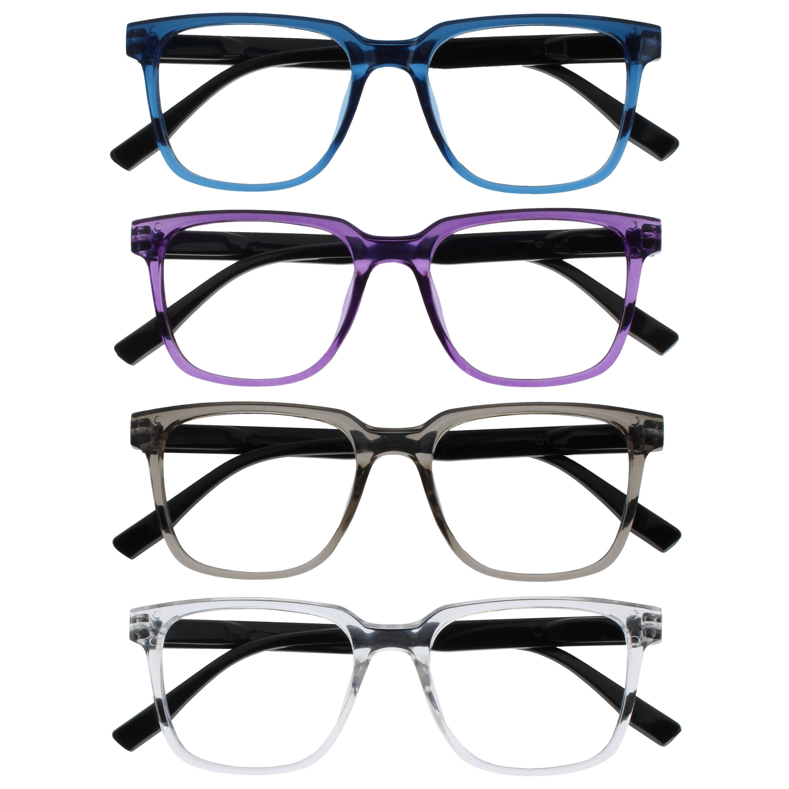 OPULIZE LEO Reading Glasses - 4-Pack - Large Rectangular Frame - Blue, Purple, Grey, Clear - Mens Womens - Spring Hinges - RRRR55-357C - +2.00
