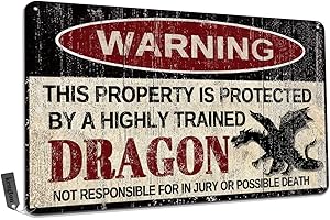 KENGTOU Vintage Dragon Metal Sign Warning This Property is Protected by Highly Trained Dragon Yard Sign Outdoor Home Wall Decor 12x8Inch