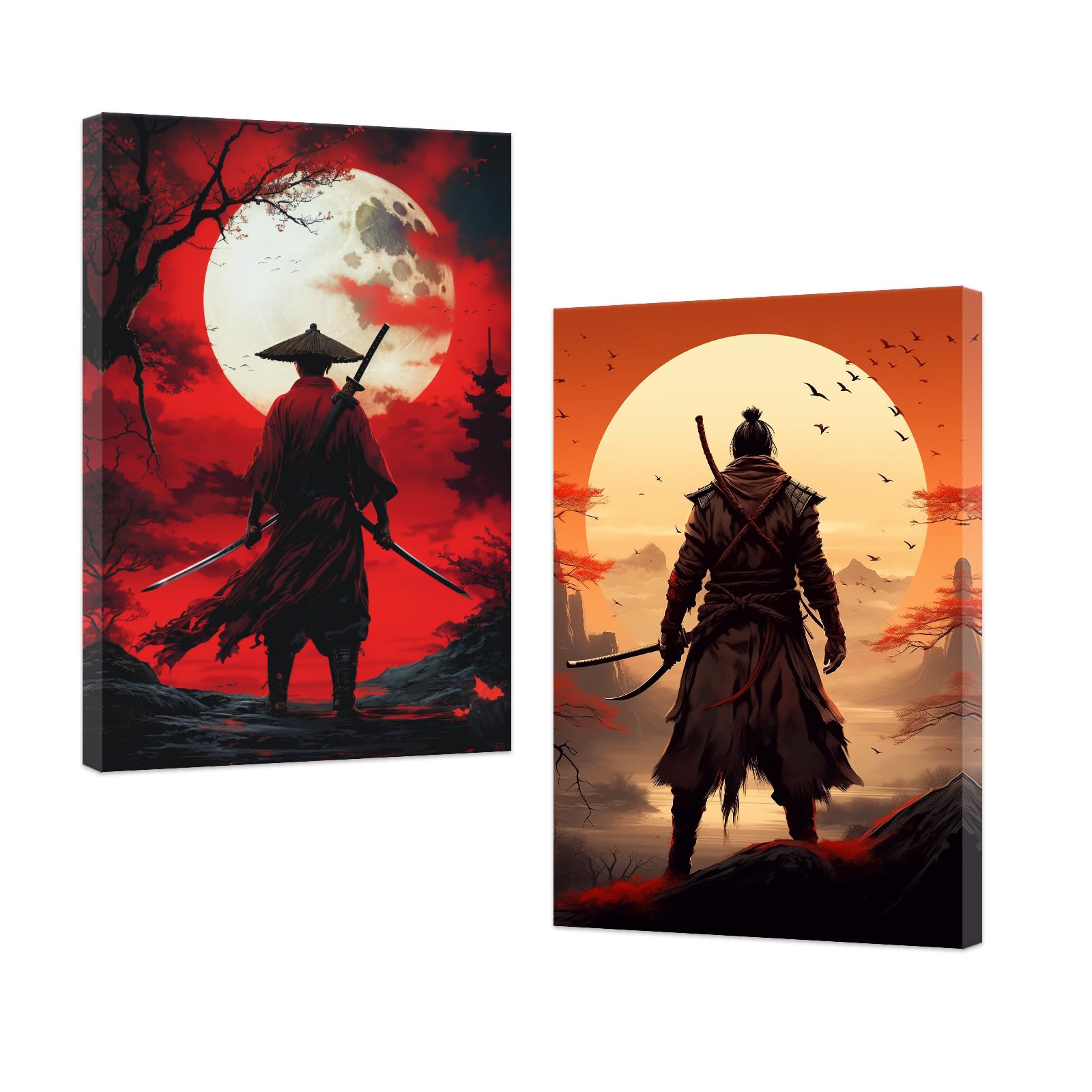 ZXHYWYM Samurai Pictures Wall Art Framed 2 Piece Japan Samurai Painting Bushido Canvas Print Japanese Warrior Poster for Home Boys Room Wall Decor (C, (28x35cmx2))