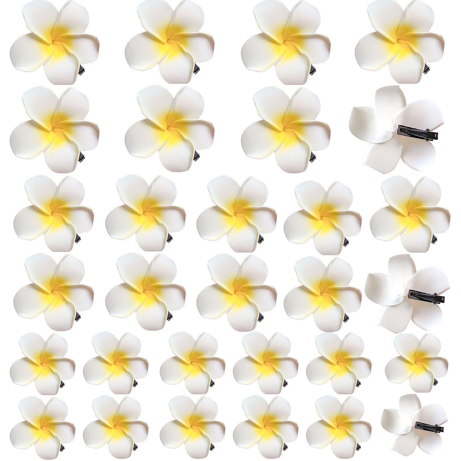 Photo 1 of 60Pcs Mixed Sizes 5cm 6cm 7cm White Foam Hawaiian Frangipani Artificial Plumeria Flower Hat Hair Clips for Home Bridal Wedding Tropical Party Beach Vacation Decoration