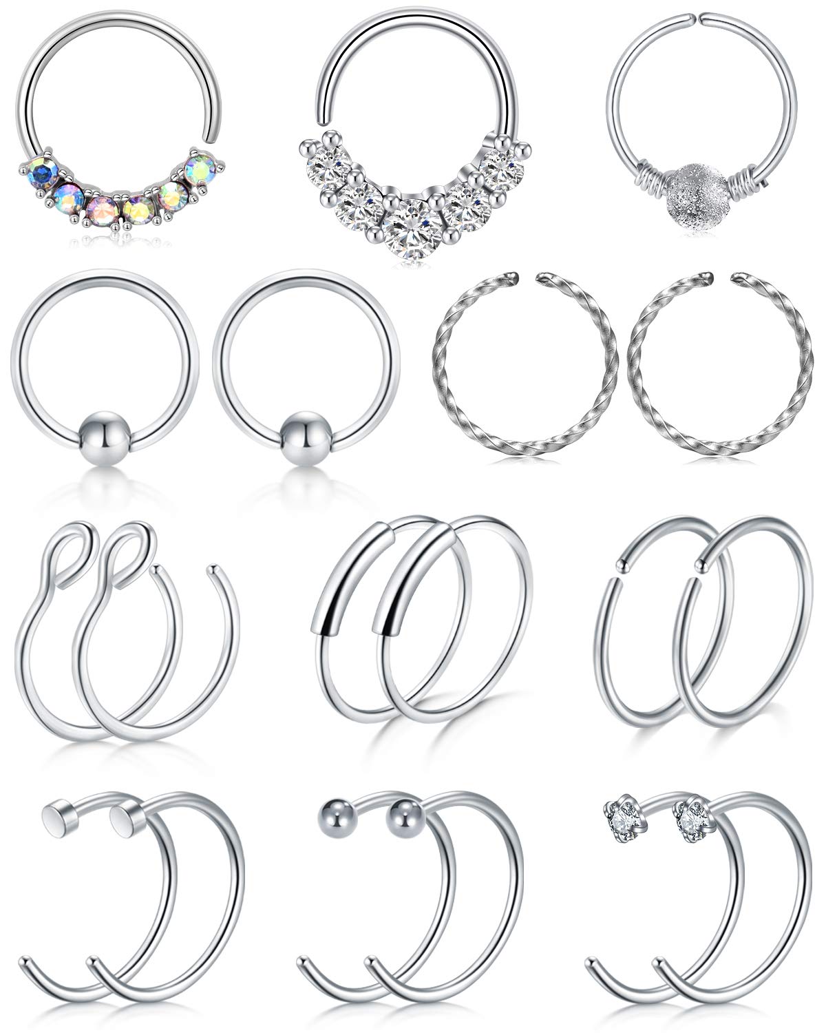 LAURITAMI Nose Studs Rings Nose Piercings Set Nose Screw Pin Thin Hoops with Bone L Shaped Opal Crystal Piercing Jewellery Surgical Steel 20G 8mm