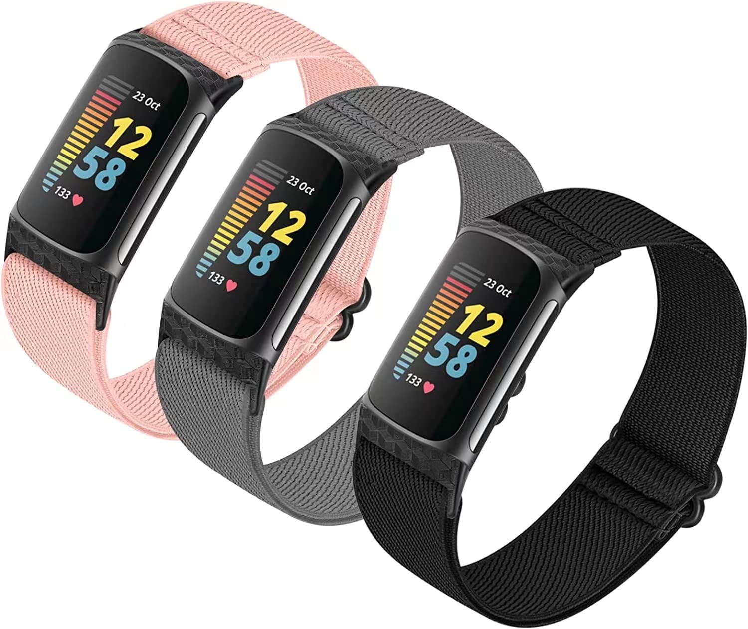 HUYIIO 3 Pack Adjustable Elastic Watch Strap Compatible with Fitbit Charge 5 Straps, Soft Breathable Nylon Sport Band Stretchy Replacement Wristband For Women Men — image 1