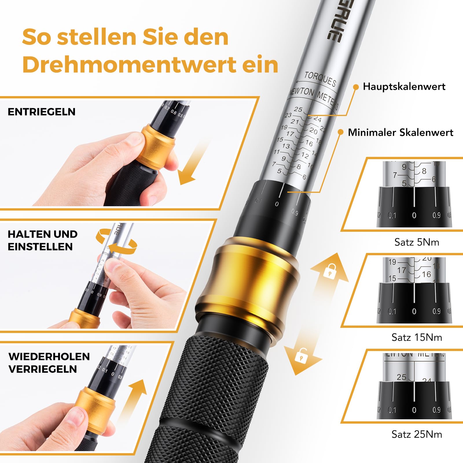 Drehmomentschlüssel Fahrrad 5-25 Nm, VIGRUE Drehmomentschlüssel 1/4 Zoll, ±4% Genauigkeit, Torque Wrench Set mit Ratsche, Verlängerungsstange, Universalgelenk, Zündkerzenhülse, Bits für Motorrad, Auto 3
