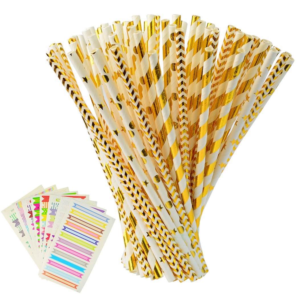 200 pcs Biodegradable Paper Straw with 8 Sheets Stickers, Drinking Straws for Birthdays, Weddings, Baby Showers, Celebrations and Parties, Gold, White