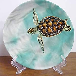 LCGGDB 10 Inch Turtle Pattern Ceramic Hanging Decorative Plate,Cute Endangered Baby Turtle Round Porcelain Ceramic Plate for Dining Table Setting, Wedding Reception Decorations, Christmas Tablescape