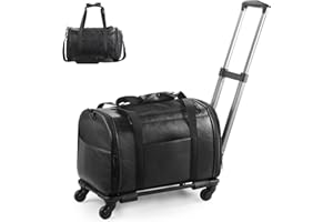 Lasaviin Leather Pet Carrier with Wheels, Airline Approved Travel Bag for Small Dogs & Cats Under 15 lbs, Rolling Pet Carrier