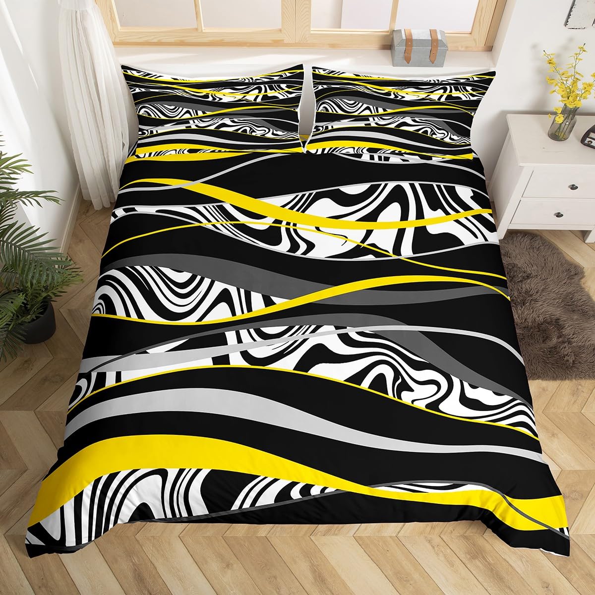 Geometric Yellow Duvet Cover Set Single Size, Black White Grey Stripe Comforter Cover with 1 Pillowcase, Modern abstract Bedding Set 2pcs for Kids Girls Room Decor Lightweight Bedspread Cover