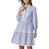 D-Sun Women Long Sleeve Mini Dress Striped V-Neck Holiday Dress with Pockets Cotton Casual A-Line Tunic Sundress