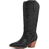 RONILURN Cowgirl Ankle Boots Cowboy Boots for Women Western Booties Rhinestone Chunky Heel Fashion Comfortable Side Zipper