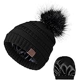 Satin Lined Beanie Winter Hats Silk Lining for Women Silk Lined Hat Slouchy Beanie with Pom