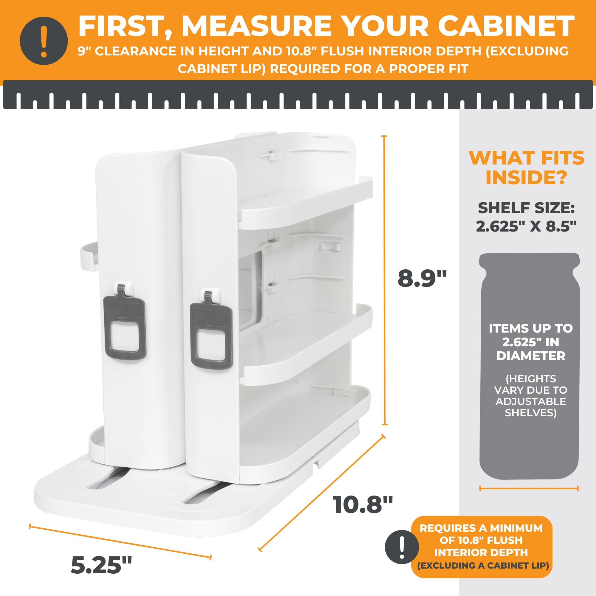 Cabinet Caddy SNAP! Spice Rack Organizer for Cabinet - Slide & Rotate Seasoning Organizer - 3 Snap-In Adjustable Shelves for 5 Tier of Storage - Magnetic Modular Design - 8.9”H x 6.1”W x 10.8”D