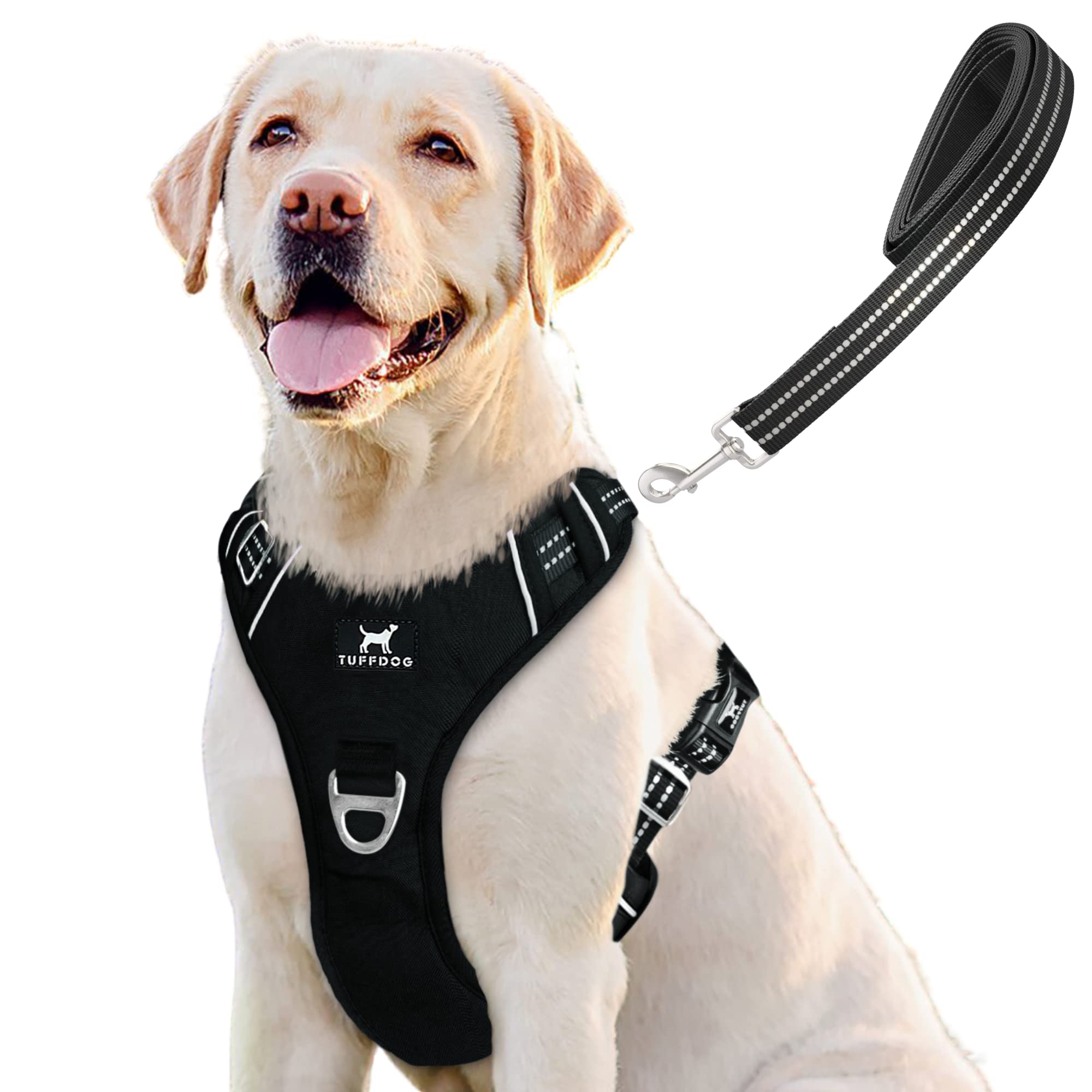 TUFFDOG Easy-Fit Dog Harness - Fast Release Neck Clip, Premium Padded Reflective No Pull Harness with Control Handle. Adjustable Step-in Dog Vest Plus Free Matching Lead (XL, Raven Black)