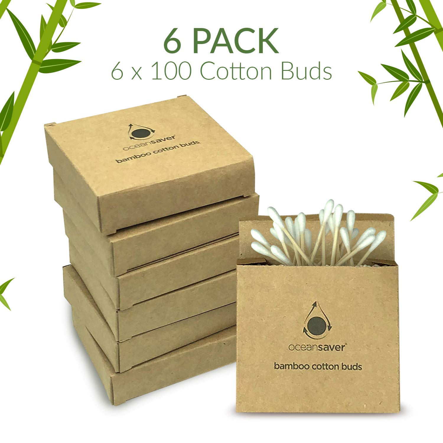 600pk (6 x 100) Bamboo Cotton Buds by ocean saver | Environmentally Friendly Plastic Free Packaging | 100% Bio-degradable | 100% Natural Cotton