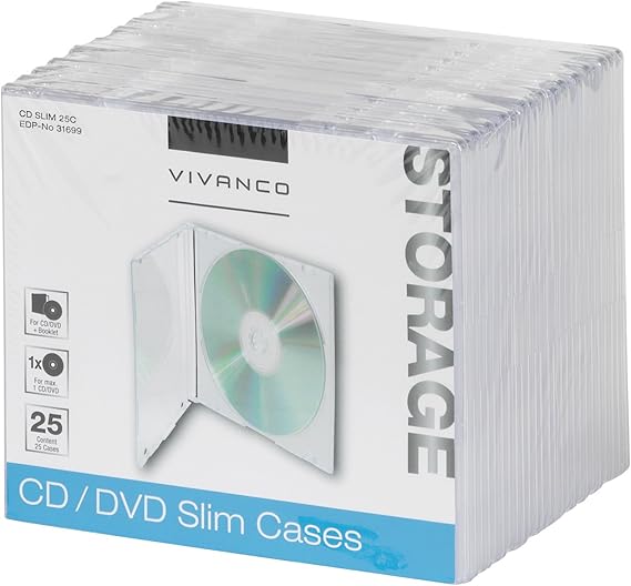 Vivanco - Carcasa para CD/DVD (25 Unidades) Transparente: Amazon.es: Informática