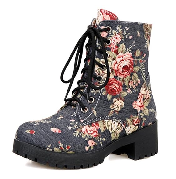 YE Damen Chunky Heel Plateau Blumen Denim Canvas Schnürstiefeletten Short Ankle Boots Herbst Winter Schuhe