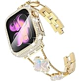 Surace Compatible with Apple Watch Bands for Women 42mm 41mm 40mm 38mm, Jewelry Diamond Rhinestone Metal Wristband Clover Strap with Bling Protective Case for iWatch Series 11/10/9/8/7/6/5/4/3/2/1/SE3