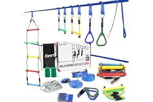 OMOTIYA Ninja Warrior Obstacle Course for Kids, 2 x 50FT Double Weatherproof Slacklines for Backyard, 6 Accessories, Outside Playset Equipment Girls Boys, Ladder, Monkey Bars, Rings Plus Arm Trainer