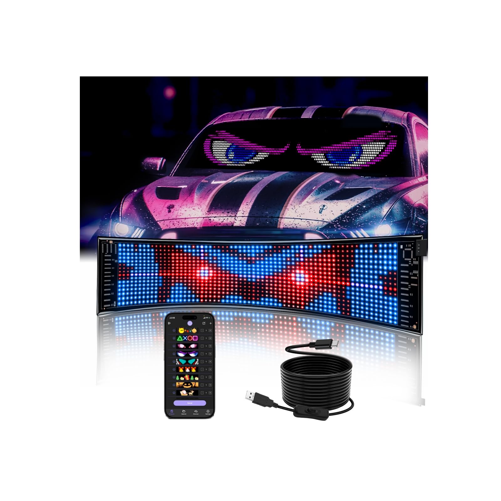 Multifunctional Bright 1PCS Devil Eyes for Cars Windshield - 23in x 5in [ Upgraded Chip Two Screens 100% Synchronized ] Programmable LED Eyes for Car - Flex LED Display - Sized Cars/SUVs/Trucks Image