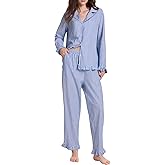 COZYPOIN Womens Striped Pajamas Set 2 Piece Cotton Button Pjs Sleepwear Cute Ruffle Long Sleeve Shirt Pants Lounge Set