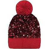 LEOMOSTE Women Girls Winter Sequin Beanie Hat with Faux Fur Pom Pom Knit Skull Cap