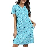 Simliva Women's Nightgowns Sleepwear Short Sleeve V Neck Loose Casual Night Shirts Sleep Dress 3 Button Neck with Pockets