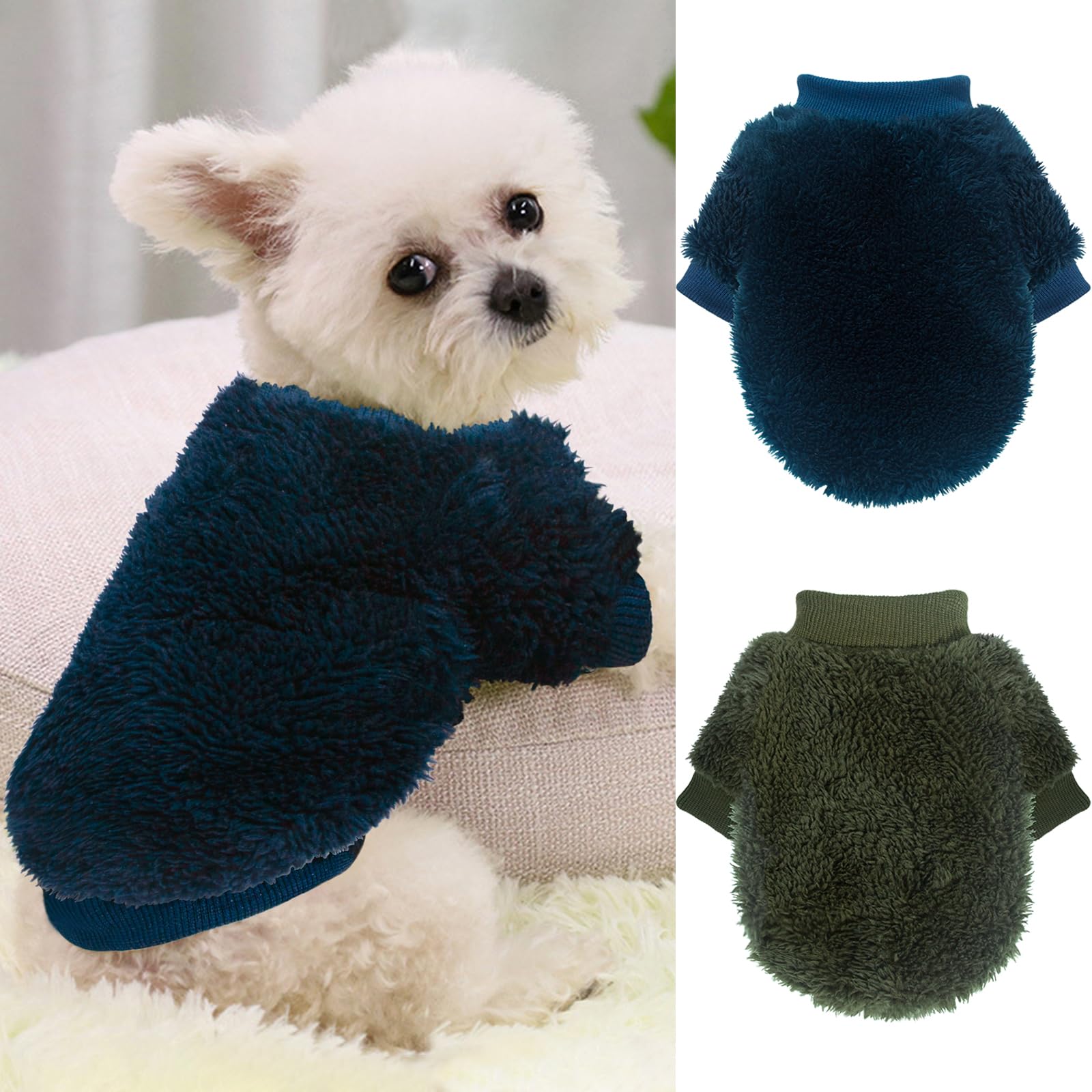Photo 1 of 2 Pieces Fleece Dog Sweaters for Small Dogs Boy Cute Warm Small Dog Clothes Male Puppy Chihuahua Cat, Blue, Dark Green, XXS