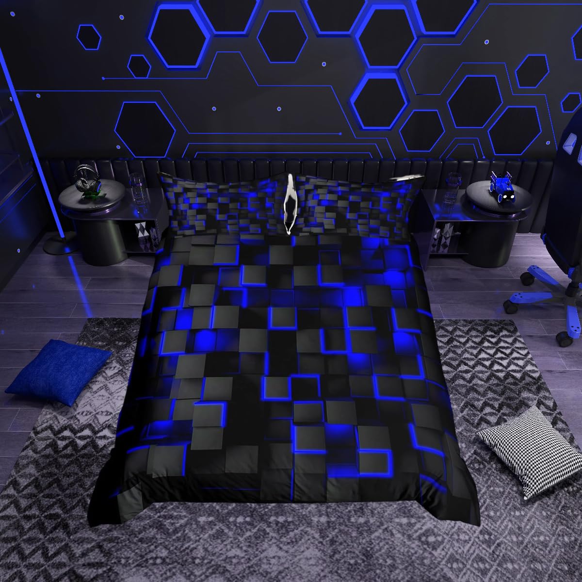 Blue and Black Bedding Duvet Cover Set Double Size Light Geometric Bedding Set for Kids Boys Girls Decor Comforter Cover Set Modern Style Bedspread Cover