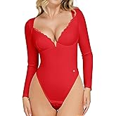 Popilush Long Sleeve Bodysuit for Women Lace Shapewear Body Suits Deep V Tummy Control Corset Trendy Going Out Tops