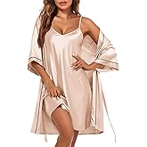Ekouaer Women's Silk Robe Set V Neck 2 Piece Satin Bathrobes 3/4 Sleeves Bridal Sleepwear Sexy Cami Nightgown
