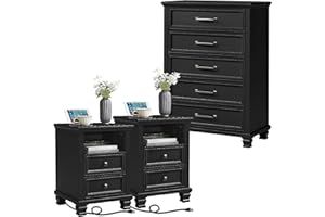 SAVOR LIFE Farmhouse Dresser and Nightstand Sets 3 Piece, 5 Drawer Dresser & 2 Drawer Nightstand Set, Rustic Wood Bedroom Furniture Set for Home, Bedroom, Hallway, Black