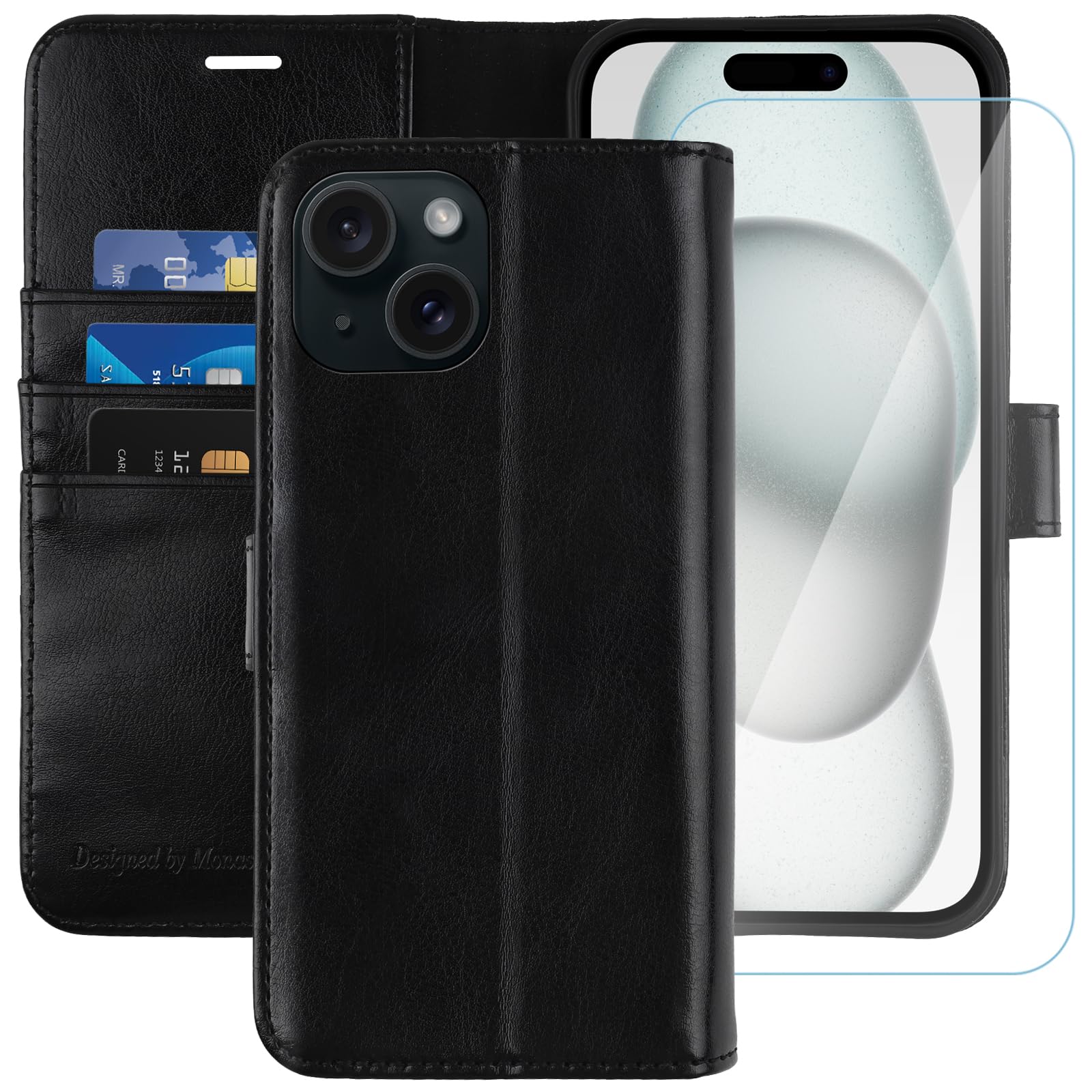 MONASAY for iPhone 15/14 Plus 5G Wallet Case, 6.7-inch [Glass Screen Protector Included] [RFID Blocking] Flip Folio Leather Cell Phone Cover with Credit Card Holder, Black
