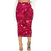 UEOIOW Women's Floral Print Mesh Long Skirt High Waisted Bodycon Pencil Maxi Skirts
