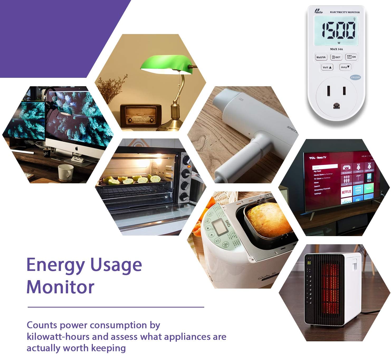 Poniie PN1500 Portable Micro Electricity Usage Monitor Electrical Power Consumption Watt Meter Voltage Amp Tester (110V, 1500W)) - - 