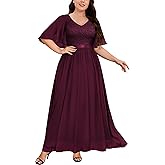 Knitee Women's Plus Size Half Sleeves Cape Dress Lace Chiffon V Neck Evening Party Maxi Dress