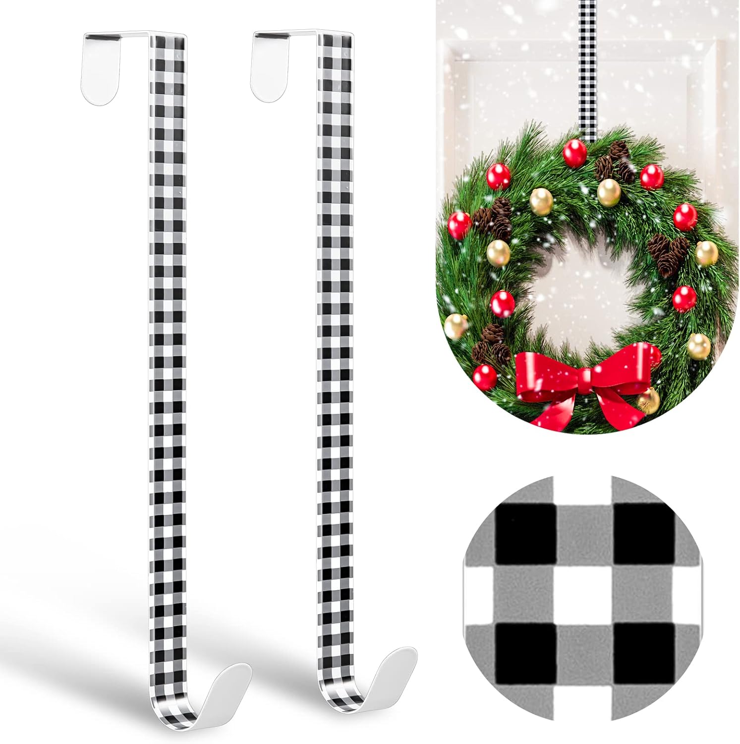 Wreath Hangers - Whaline 2Pcs Christmas Wreath Hanger Over Door Buffalo Check Metal Wreath Hook White Black Plaid Hook for Xmas Party Wedding Decoration Wall Home Office Clothing, 15 Inch