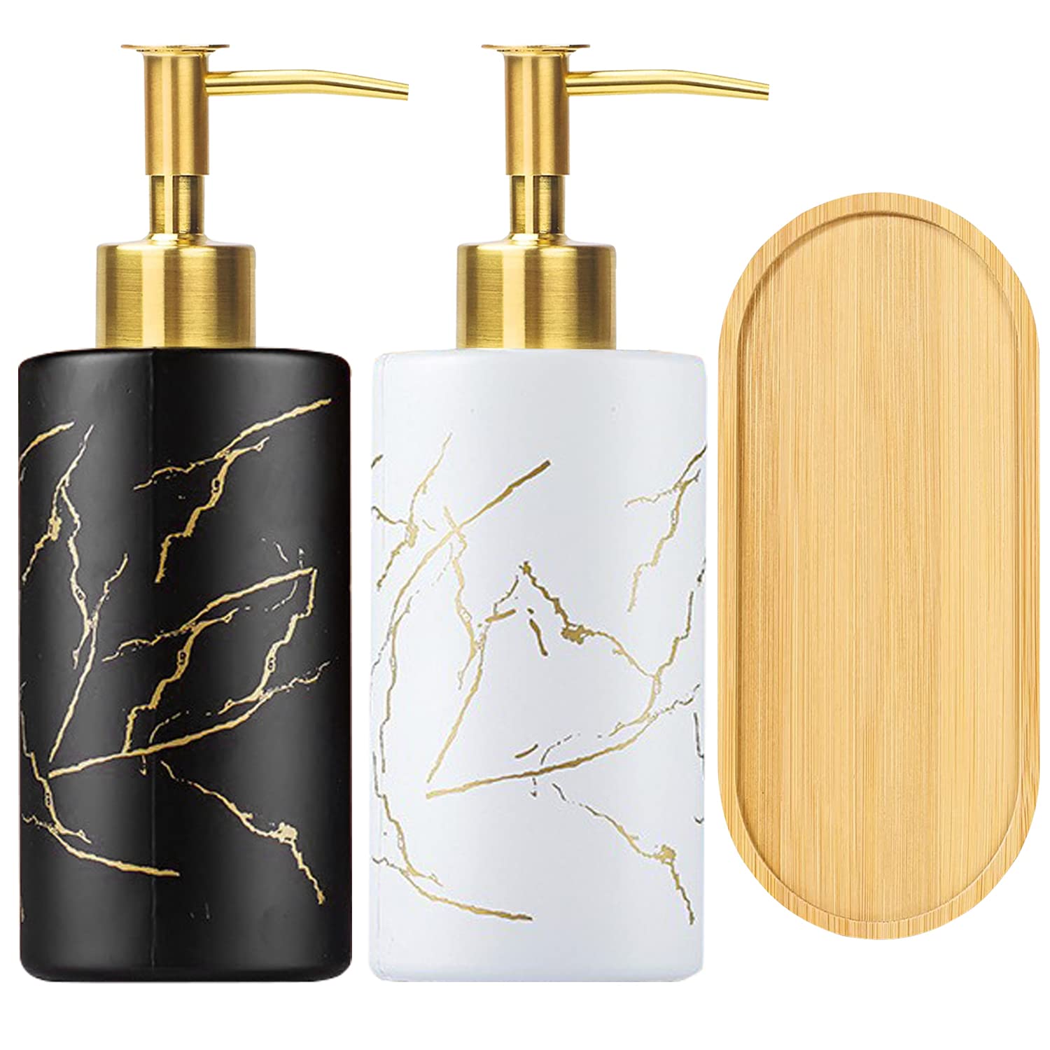 Soap Dispenser Set,320 ml Detergent Dispenser with Tray,Marble Style Soap&Lotion Refillable Liquid Glass Bottle,Shampoo Lotion Bottle with Pump for Laundry Room Kitchen and Bathroom Decoration
