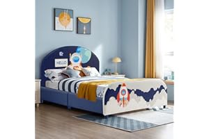 Costzon Twin Bed Frames for Kids, Wood Upholstered Twin Bed Platform with Slat Support, Padded Headboard&Footboard, No Box Spring Needed, Easy Assembly, Fits Standard Twin Mattress (Astronaut)