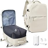 suwasp Vacuum Compression Backpack, 45L Expandable Travel Backpack with Electric Vacpack Pump, Travel Vacuum Bags with Shoe Compartment/17inch Laptop Compartment/USB Port, Beige, Large
