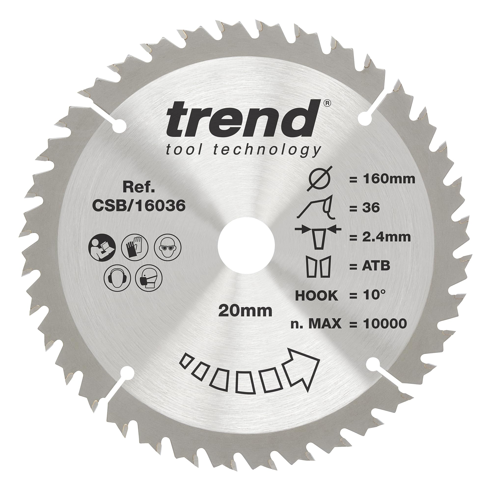Trend Wood Circular Saw Blade, 160mm Diameter, 20mm Bore, 36 Teeth, 2.4mm Kerf, +10° Hook, TCT, Medium Finish, CSB/16036
