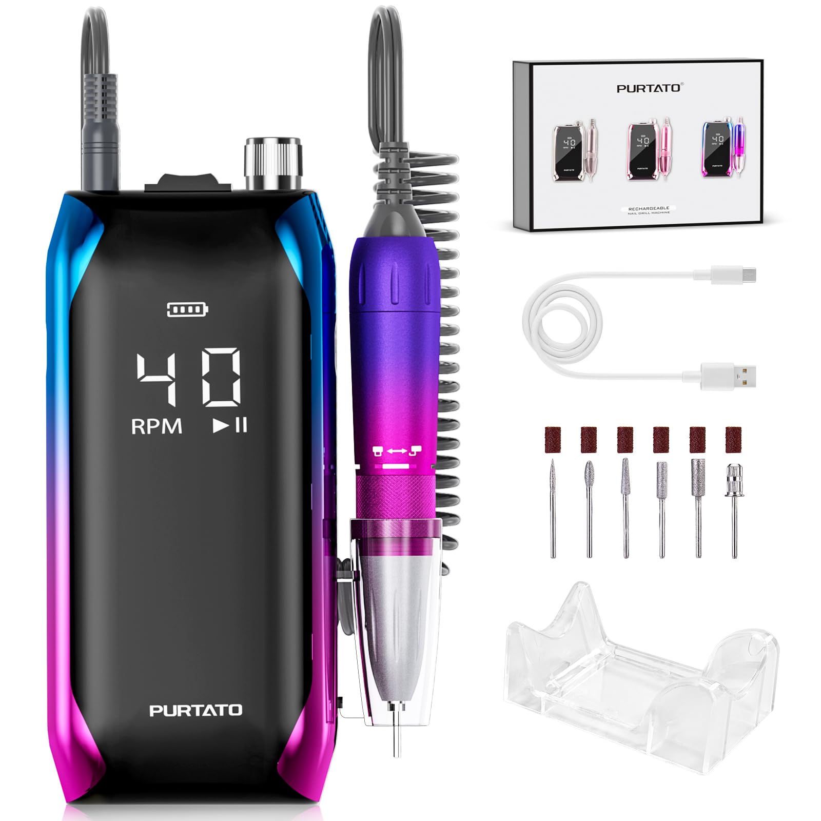 Photo 1 of PURTATO Professional Nail Drill 40,000 RPM, Rechargeable,LCD Display E File Machine for Acrylic Nails Gel Polishing Removing Portable Nails Efile Tools for Manicure Salon & Home (Blue&Purple)