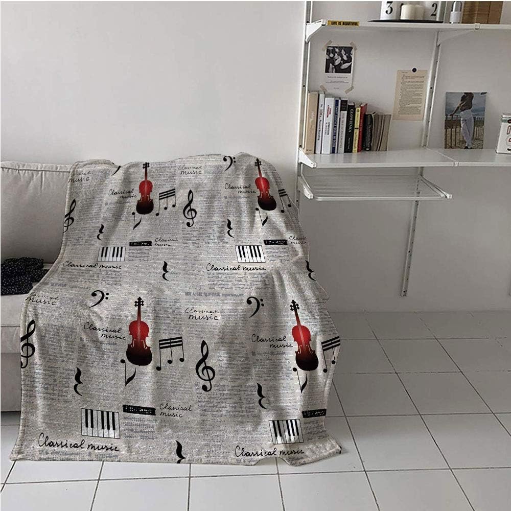 WodCht Old Newspaper Fabric The Yard Beach Blanket，Classical Music Lettering in Hand Writing Style with Violin Instrument，Print Artwork，Microfiber All Season Blanket 54" x 84"
