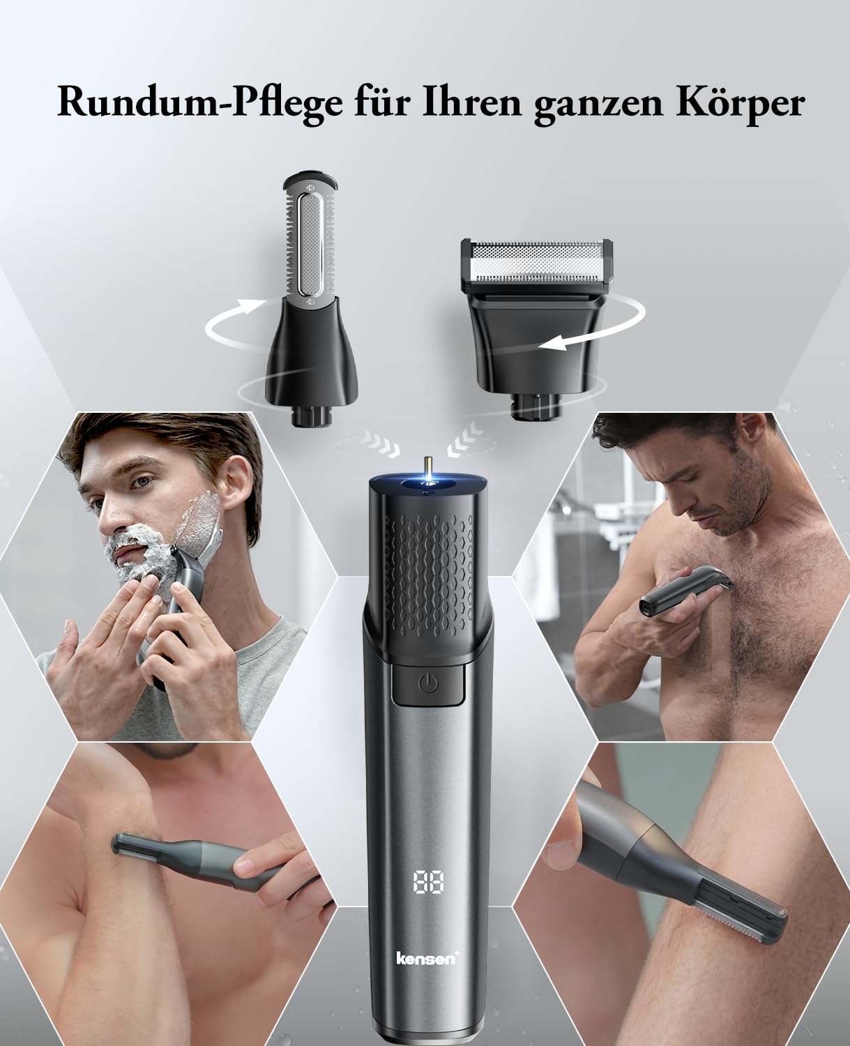 Intimrasierer Mann, kensen 2 in 1 Rasierer Herren Intimbereich Wasserdicht Körperrasierer Herren Typ-C Bodygroom Herren Nass Trocken Intim Rasierer Männer Beine Brust Achselhöhle Leiste Aufsteckkämme 4