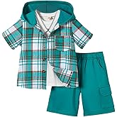Jolyshlid Boys 2 Pieces Clothing Shorts Set Short Sleeve Plaid Button Down Shirt and Cargo Shorts Set 4-12Y