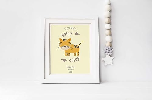 Jungle Animal Nursery Wall Art Tiger Print For Children Hello World Birth Details Print Baby Poster Amazon Co Uk Handmade