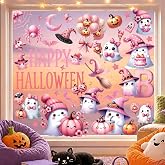 Whaline 9 Sheets Halloween Pink Ghost Window Clings Cute Ghost Pumpkin Bat Double-Sided Reusable Window Decals for Home Classroom Office Glass Decor Happy Boo Day Party Supplies