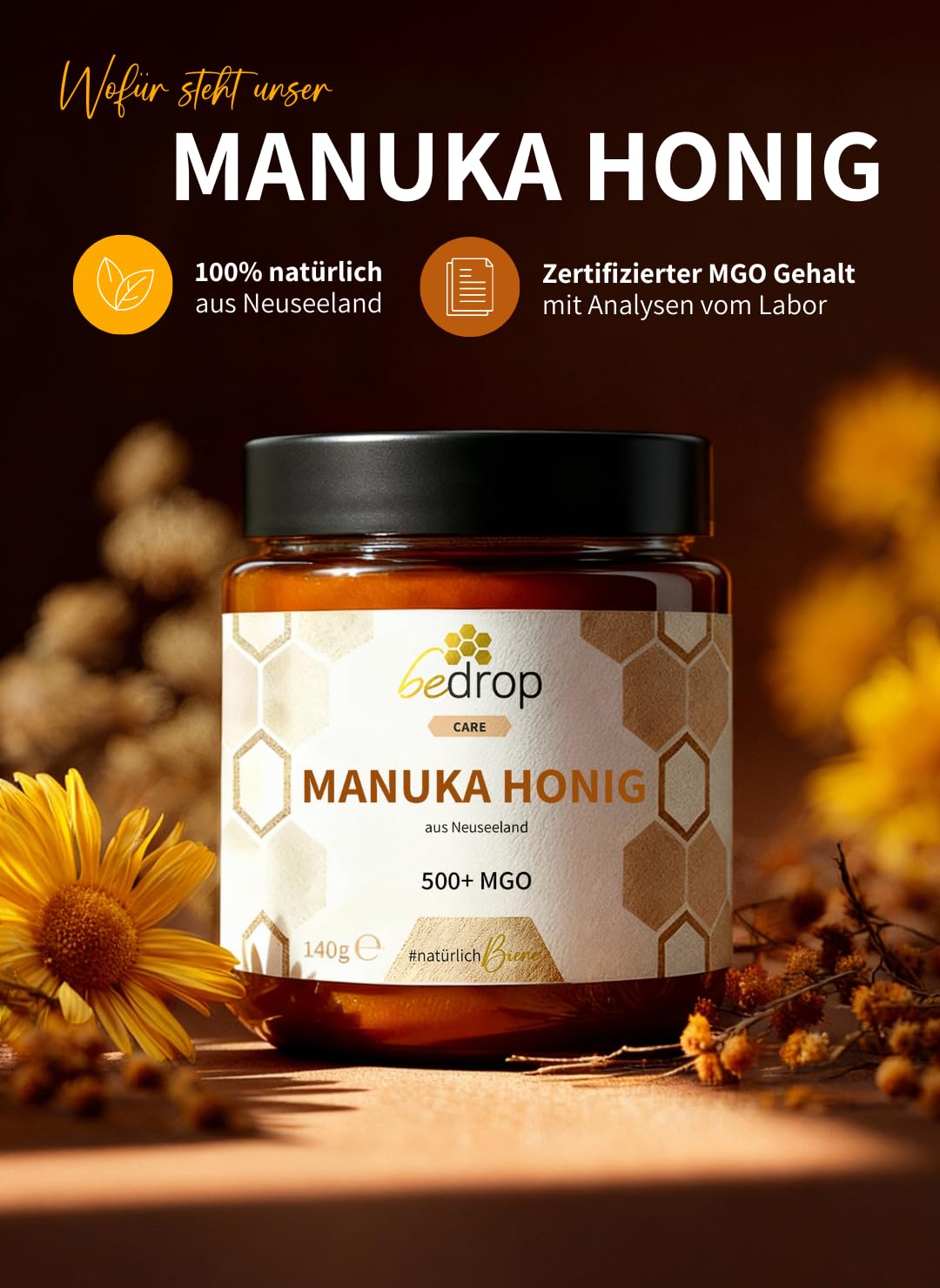 bedrop Manuka Honig mit MGO 500+ XXL Glas - 100% echter Premium Manukahonig aus Neuseeland mit zertifiziertem Methylglyoxal Gehalt (Analyse-Zertifikat) - 140g 2