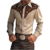 BEAUDRM Men's Western Cowboy Shirt Graphic Button Down Vintage Retro Collared Long Sleeve Shirt Top