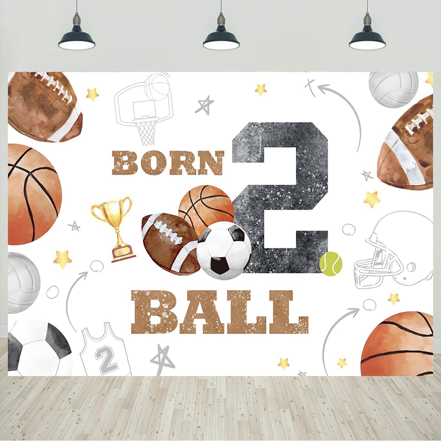 Photo 1 of 10x8ft Born Two Ball Birthday Backdrop Sports Theme Boys 2nd Birthday Photography Background Football Basketball Kids Two Years Old Birthday Party Decorations Banner Photo Studio Props