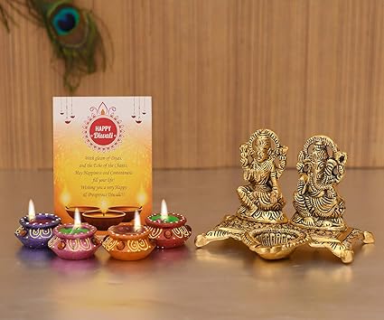 Collectible India Diwali Gifts Hampers Items – Pack of (Laxmi Ganesha Idol Showpiece/Diya Oil Lamp For Puja/Floating Wax Diya Candles Tealight/Shubh Labh Toran Door Hanging Toran/Lakshmi Charan Paduka Sticker Feet/Card)- Gift For Mother Father Sister Brother Friend employees corporate – Diwali Decoration For Home
